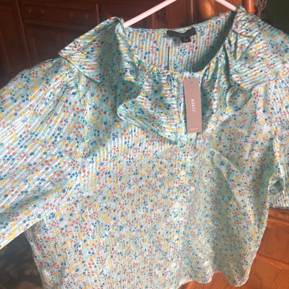 J. Crew, new with tags, large, scalloped neckline blouse with gold threading.